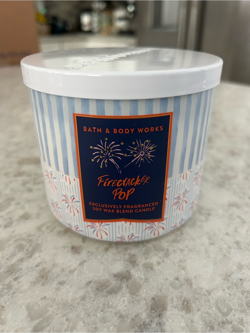 “New” Bath & Body Works Firecracker Pop 3 wick Candle - Red,White & Blue 14.5 oz